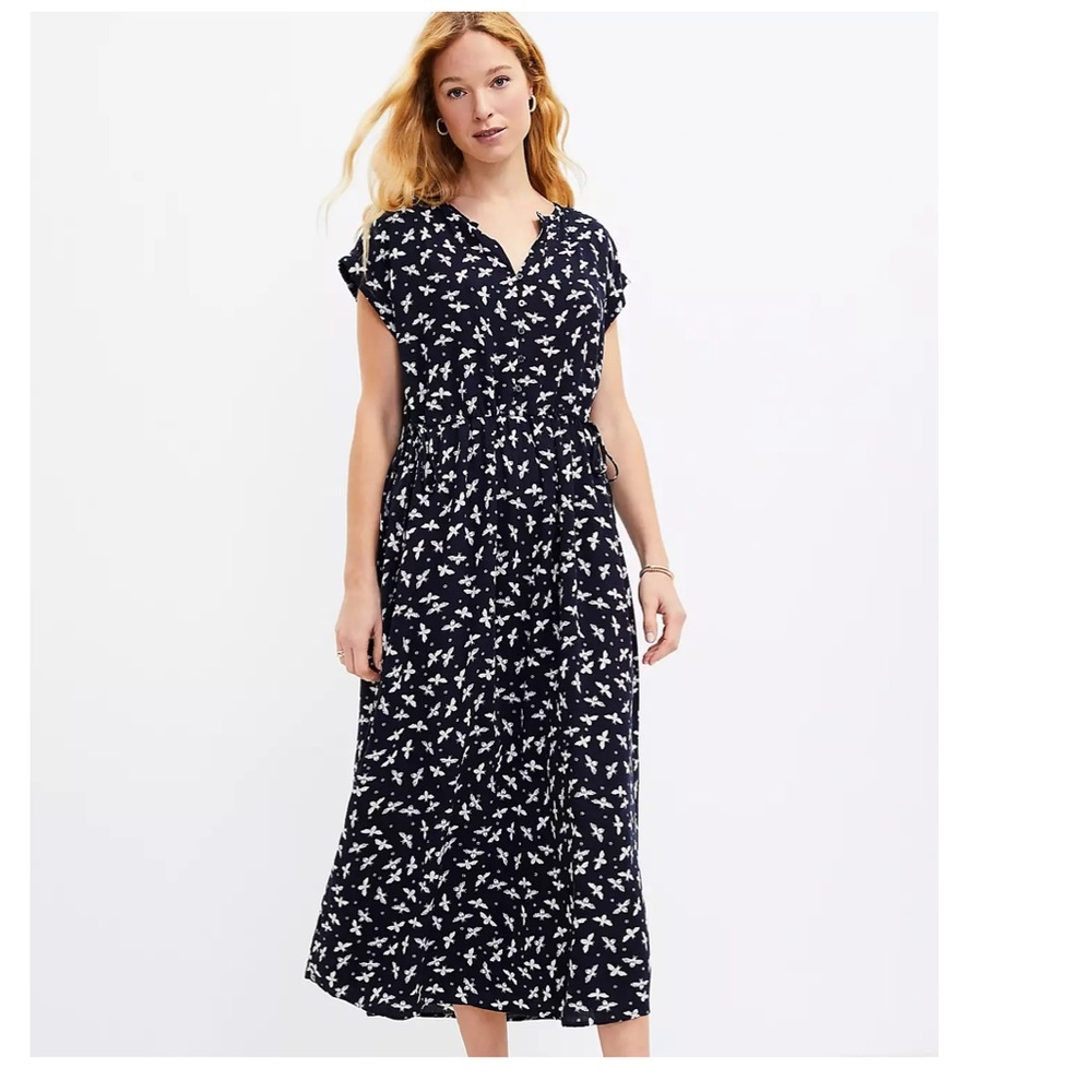 NEW LOFT bee side tie midi dress NWT